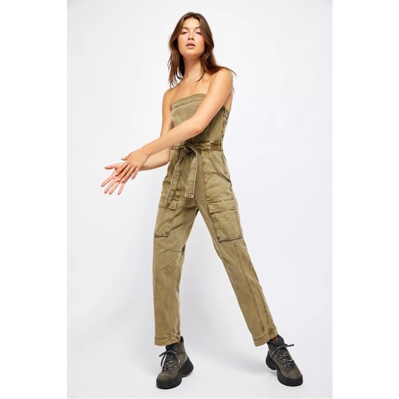 Free People Go West Utility Jumpsuit Moss green size large coverall cargo army L - Picture 5 of 15